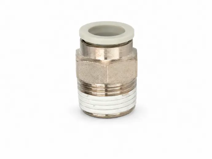 Conexión Rápida Recto Macho 6mm O.D. a 3/8" PT (Latón + Niquelado Electrolítico) c/Sellante de Teflón