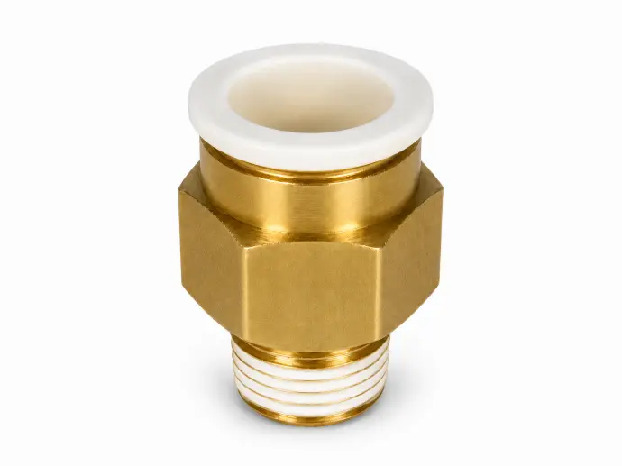 Conexión Rápida Recto Macho 16mm O.D. a 1/4" PT (Latón) c/Sellante de Teflón
