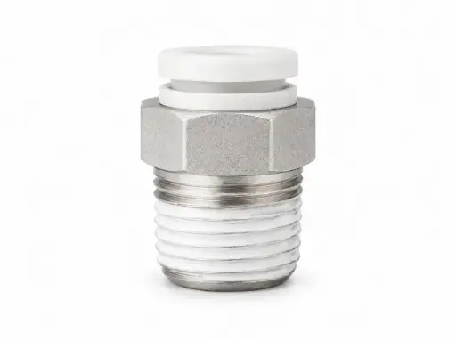 [KQ2H04-02NS] Conexión Rápida Recto Macho 4mm (5/32") O.D. a 1/4" PT (Latón + Niquelado Electrolítico) c/Sellante de Teflón