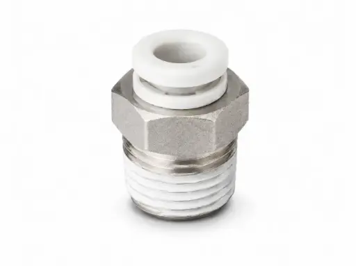 [KQ2H06-02NS] Conexión Rápida Recto Macho 6mm O.D. a 1/4" PT (Latón + Niquelado Electrolítico) c/Sellante de Teflón